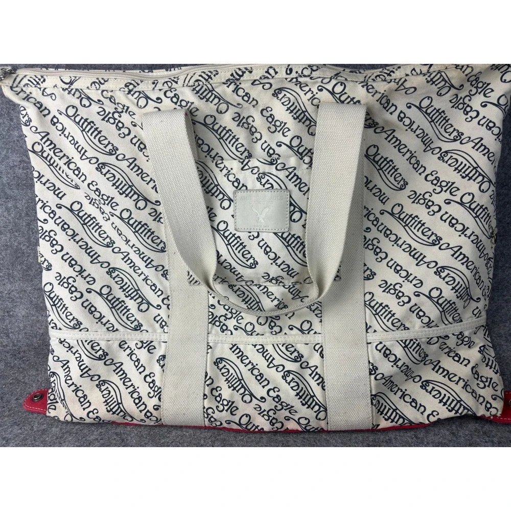 American Eagle Triple Tote Bag Womens Large Cream Navy Script Logo Canvas Daily